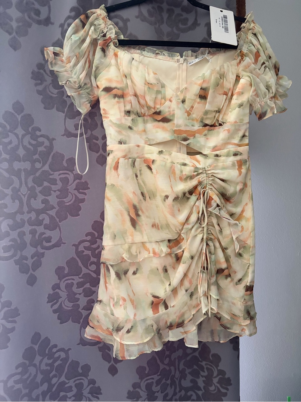 Floral Ruched Off-Shoulder Mini Dress in Cream and Peach